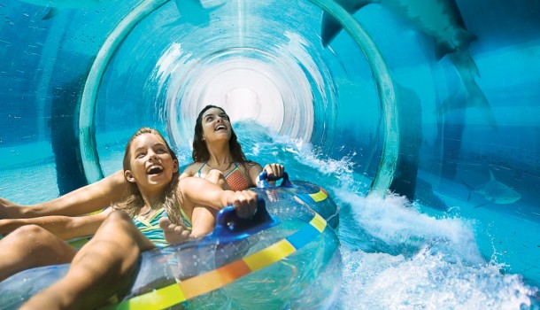 Two girls riding raft through tunnel waterslide surrounded by shark