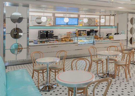 Cafe seating round tables and order counter