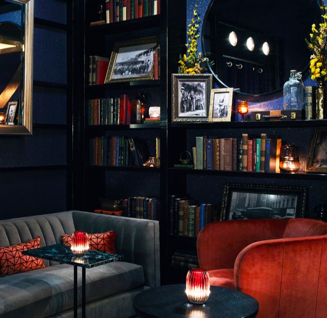 red couch and grey couch with bookshelf background