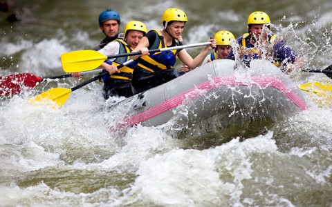 white water rafters rowing into a wave