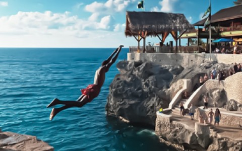 ricks cafe cliff diving image of a man jumping into bright blue water with people cheering him on
