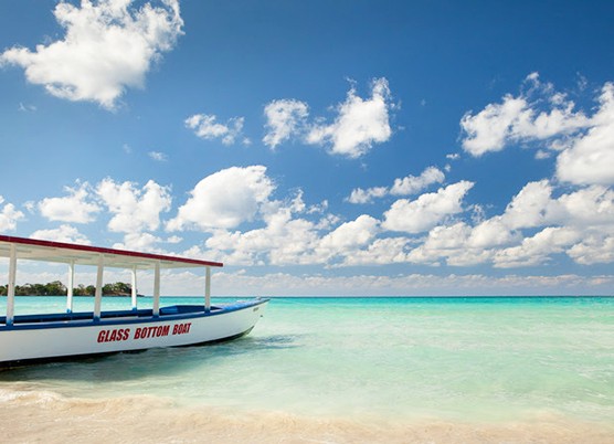 boat on the ocean close to shore. "Glass Bottom Boat" is written on the side of the boat.