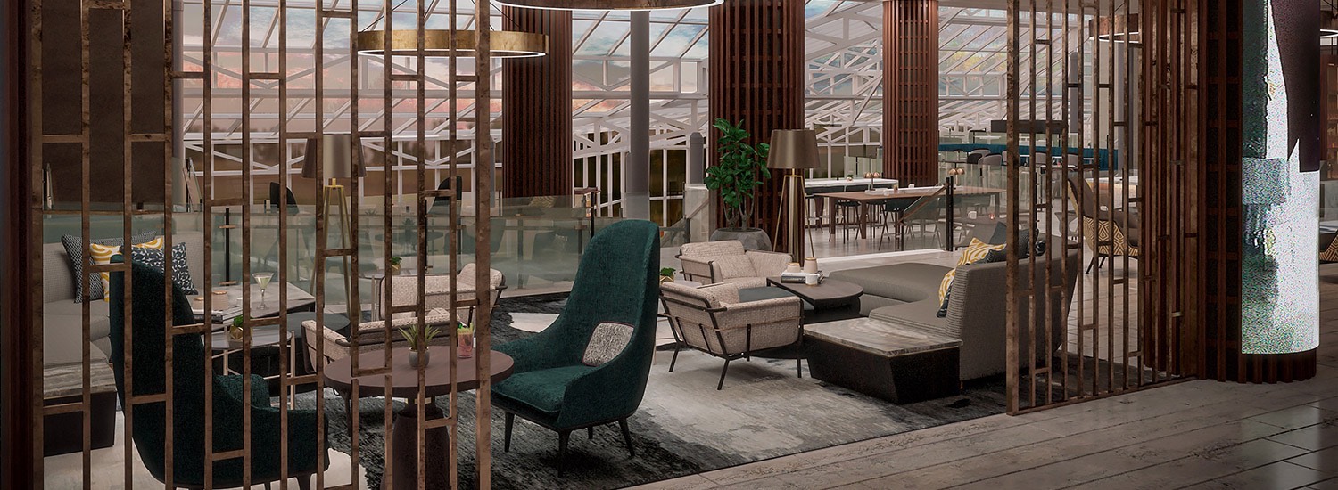 modern lounge area with emerald green chairs, tan couches, and gold design accents