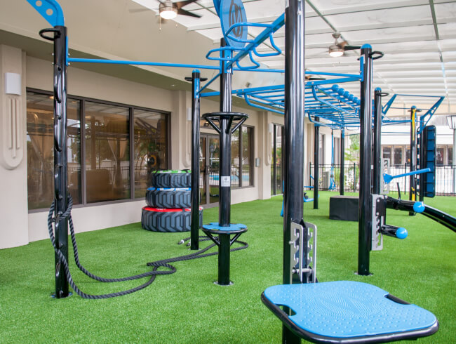 Outdoor fitness center with gym equipment