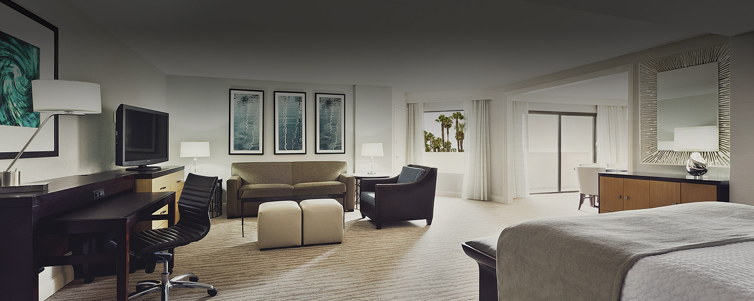 a suite with a living room area