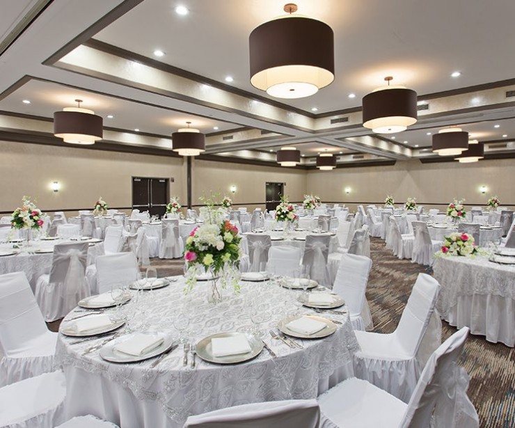 Event venue with tables set up for wedding reception