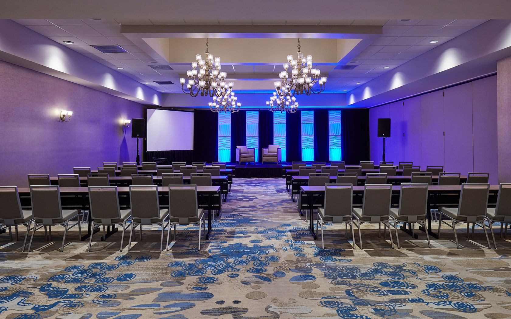 cypress ball room with blue uplighting 