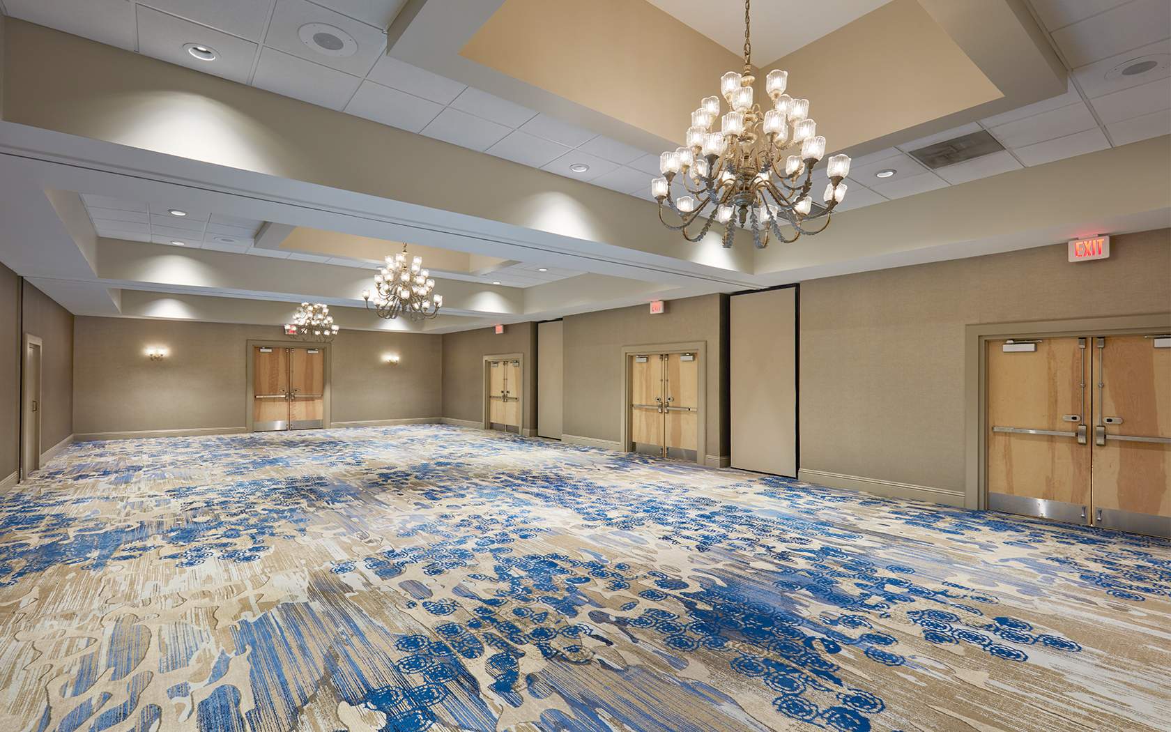large meeting room with blue and cream meeting room