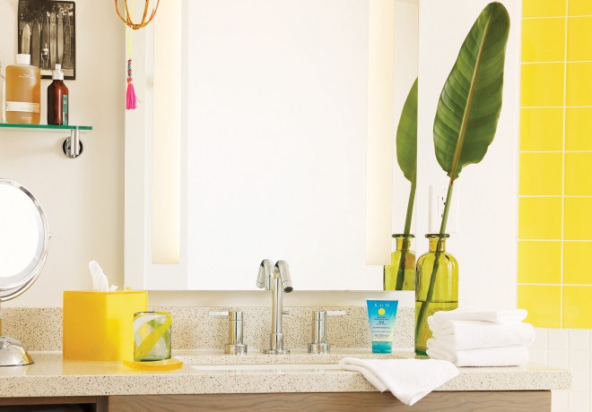 bathroom vanity with bright colored accents