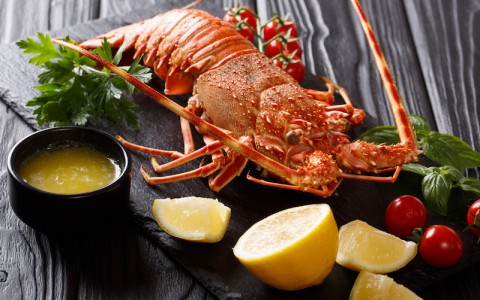 spiny lobster displayed with lemons and dipping sauce