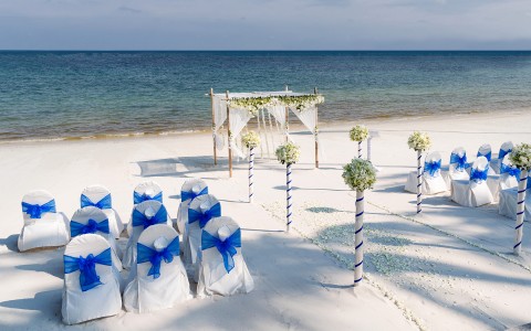 Aerial view of Wedding decoration at the beach in summer 