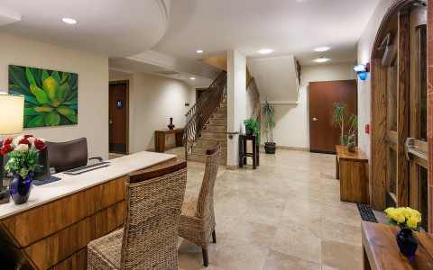 Reception desk with access to stairs