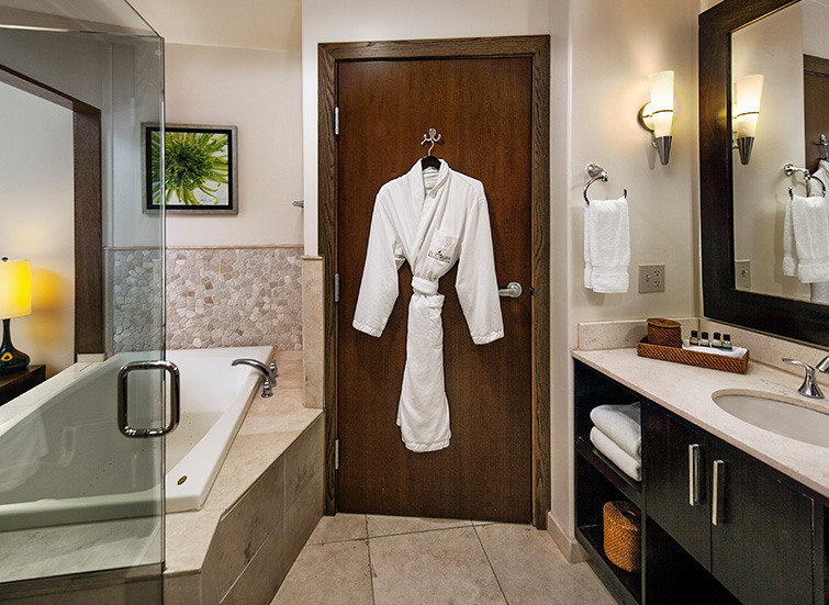 spa inspired guest bathroom with robes hanging