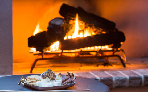 closeup view of fireplace and smores plate