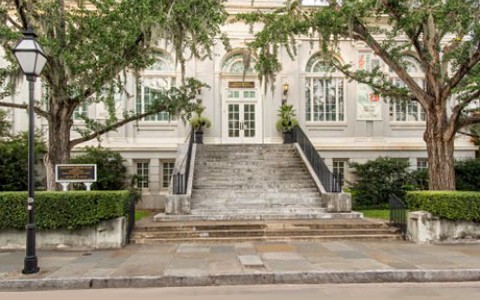 Library exterior with trees
