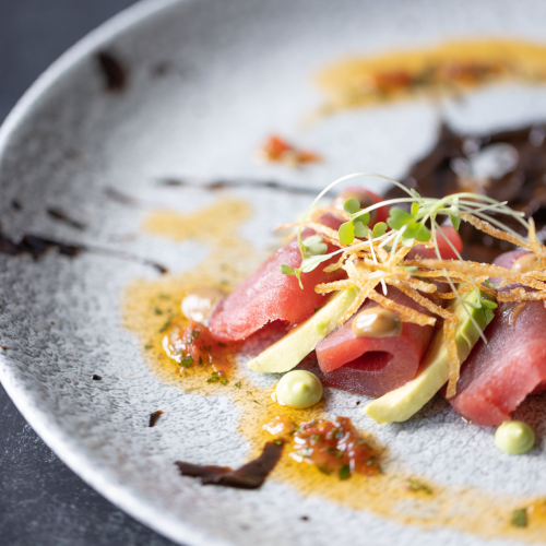 close up view of an elegant colorful dish from via sophia