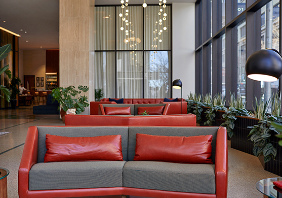 red leather sofas in Fairlane Hotel lobby