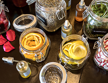 layout of clear jars with various ingredients in them