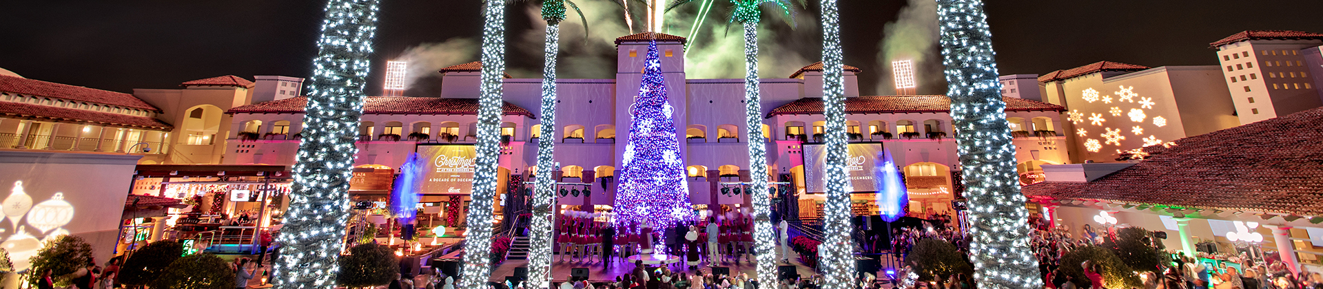 Christmas tree surrounded by a row of palm trees