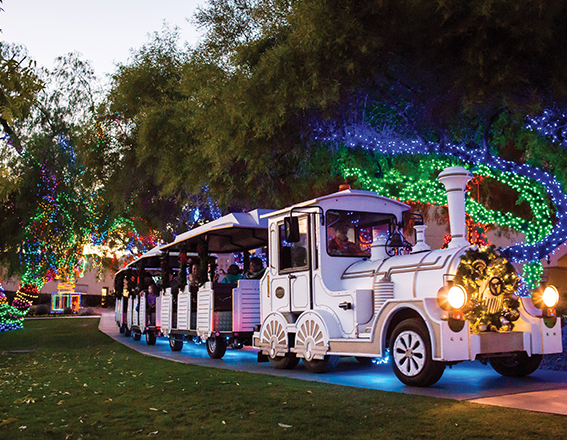 a white christmas train traveling on a path