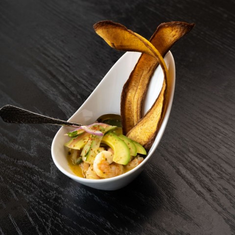 shrimp dish with plantain chips