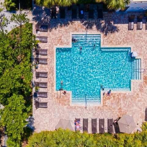 shot of the hotel pool taken from above with lounge chairs and stripped umbrellas 