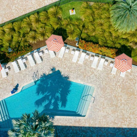 pool and white chairs aerial view