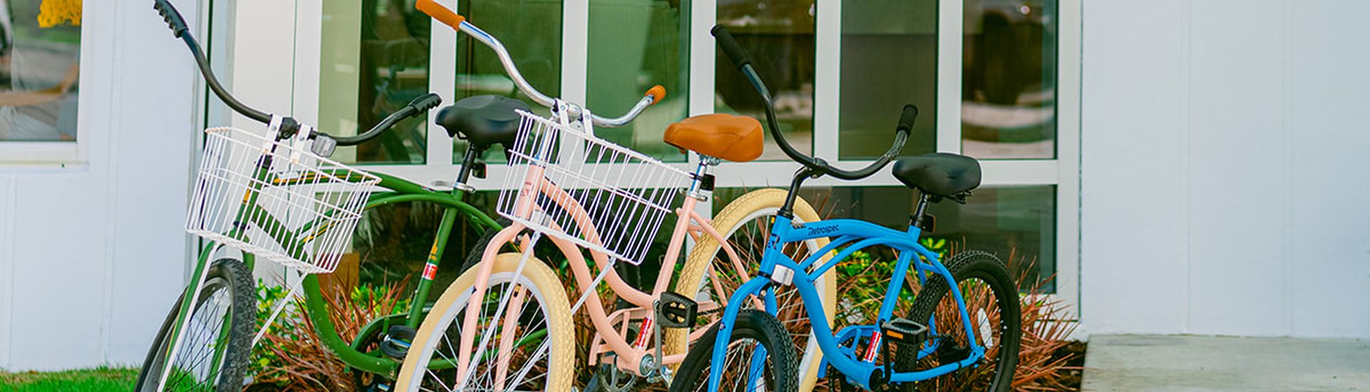 colorful bikes on a rack
