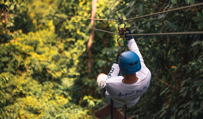 a man zip lining through a lush tropical area