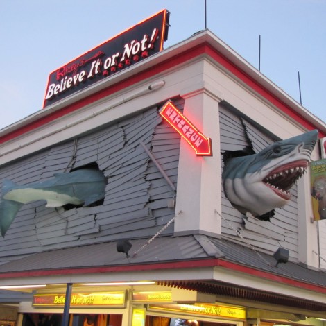 Ripley's believe it or not museu. Facade has fake shark crashing into and out of the building