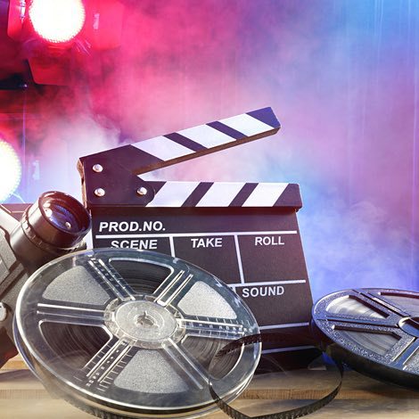 Film with pink and blue lights in the background