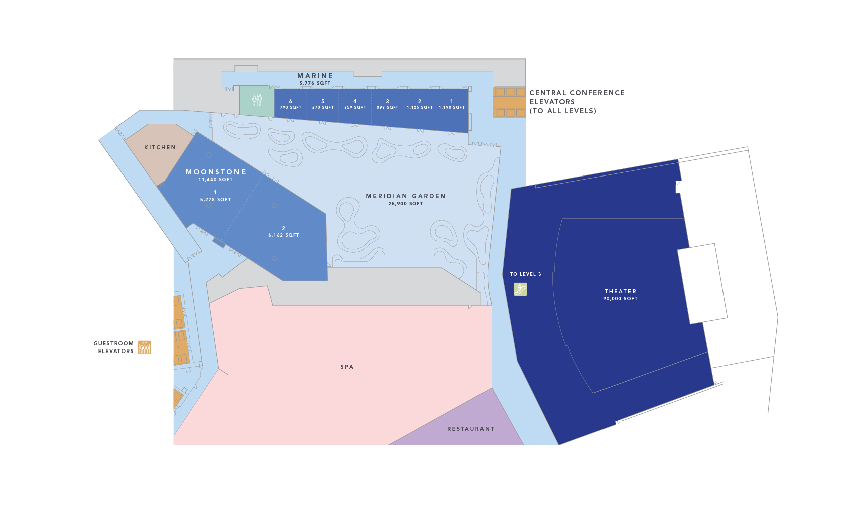 level 2 floorplan that is color coded with blue purple pink and grey