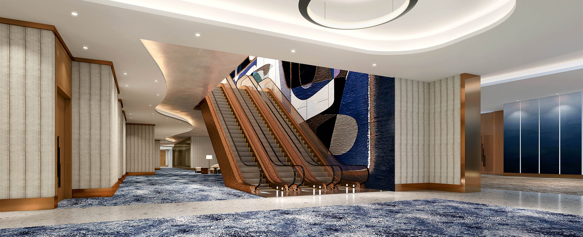 view of the hallway with three escalators