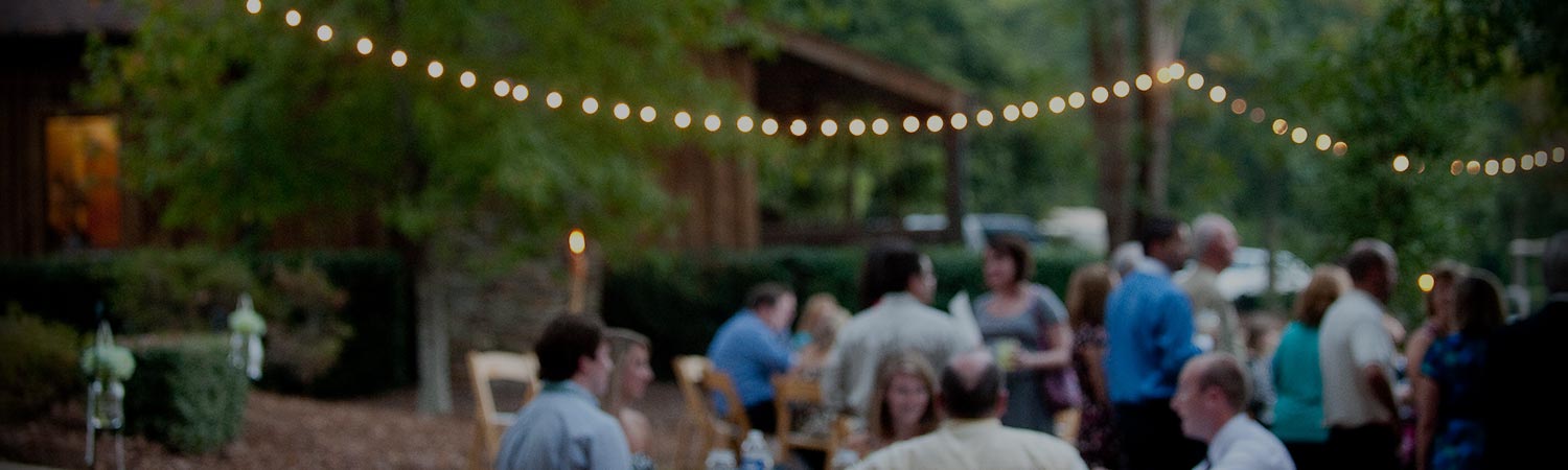 Blurred image of group of people at outdoor wedding reception with stringed lightbulbs