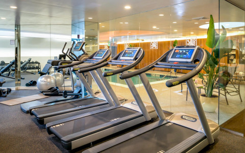 row of treadmills in fitness center overlooking indoor pool