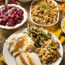 Thanksgiving dinner with turkey, potatoes, stuffing & green beans