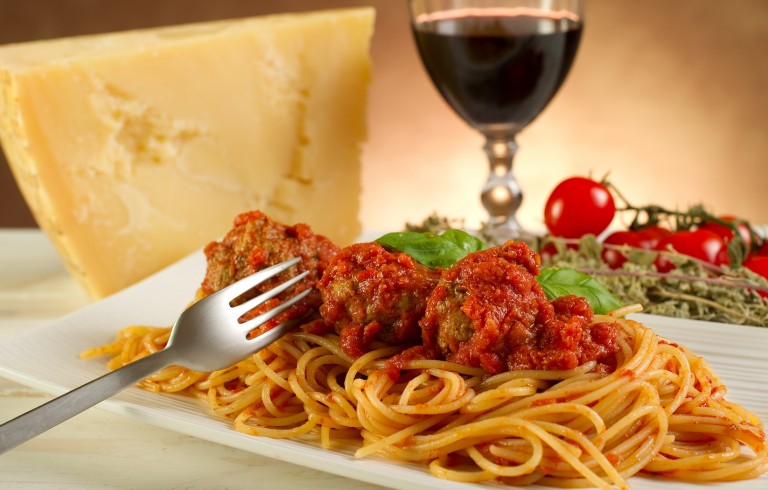 Pasta with glass of red wine