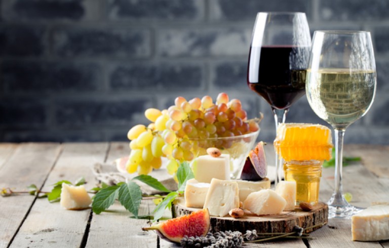 Red & white wine with cheese platter