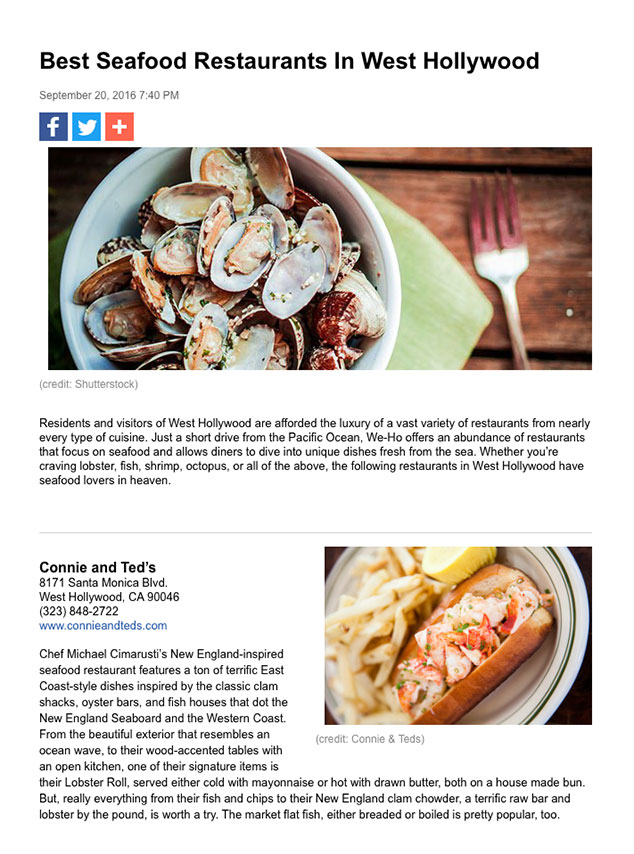 article featuring Oliver's prime as one of the best seafood retaurants in west hollywood