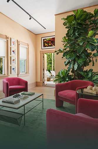 Interior of the hotel with a nice white table with modern lamps