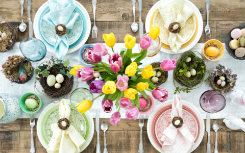 dinner table setting with easter decor