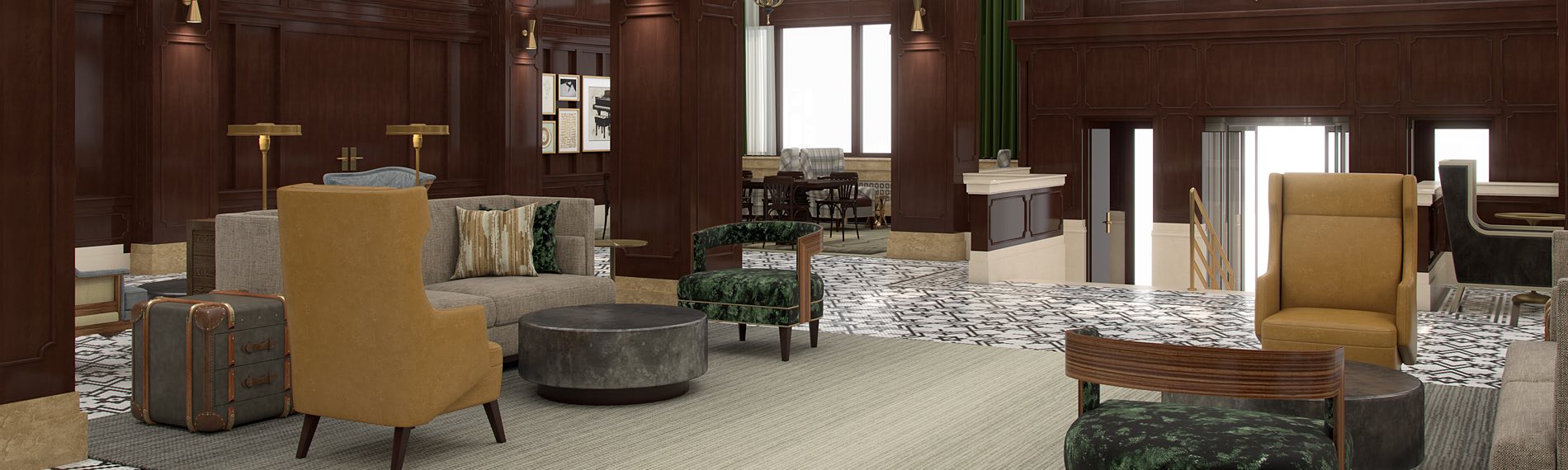 Lobby area with chairs, couches, and table seating