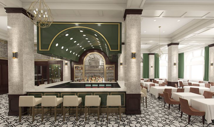 Bar area next to a table seating area
