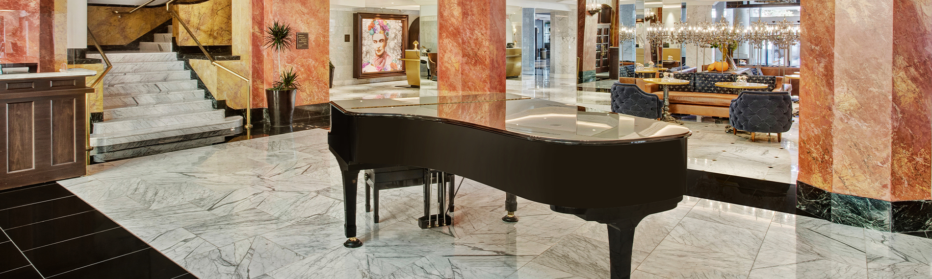baby grand piano in the hotel lobby