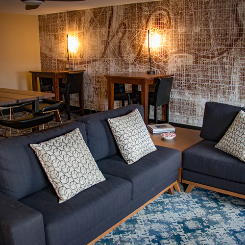 view of navy couches with white patterned pillows