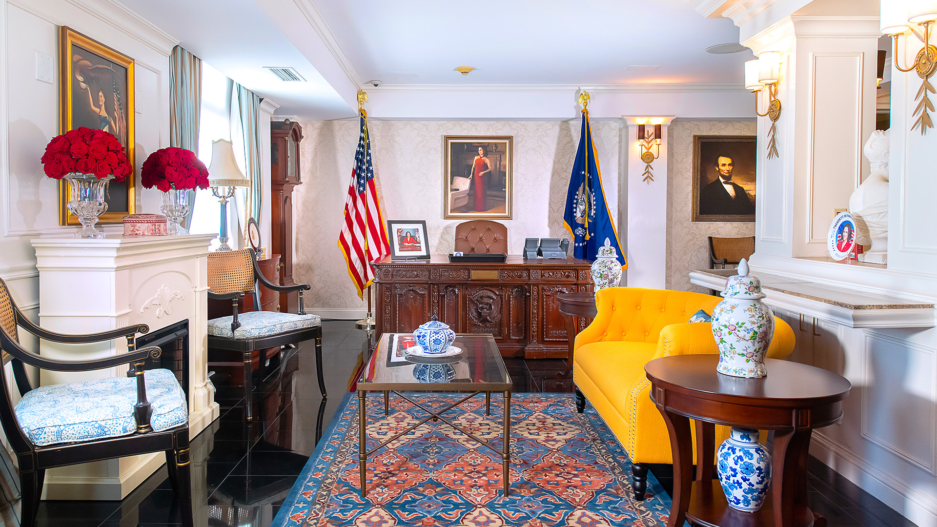presidential room with bright yellow couch and an american flag