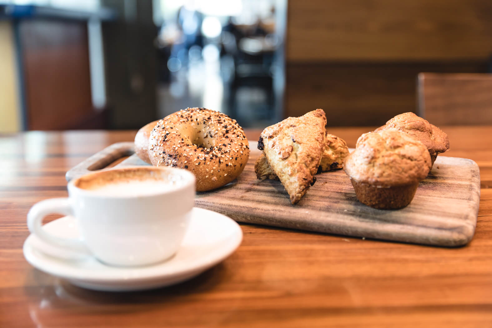 We serve bagels, scones, muffins and more