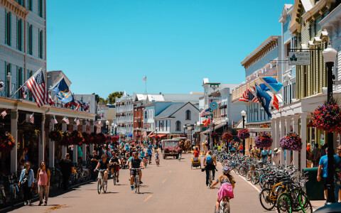 View of a big street at Mackinac Island on a sunny day