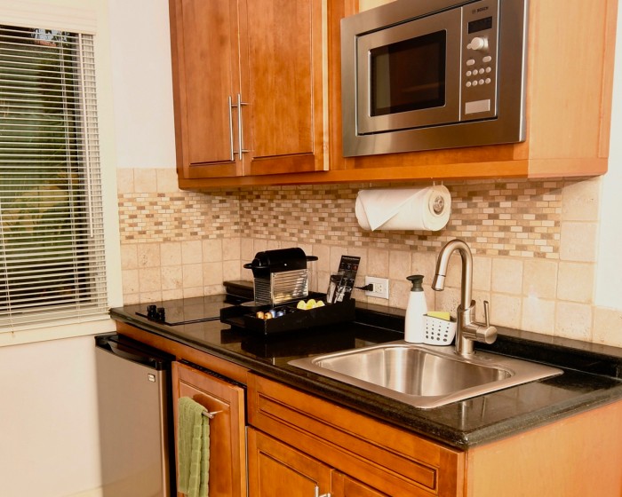 kitchen sink with a microwave above