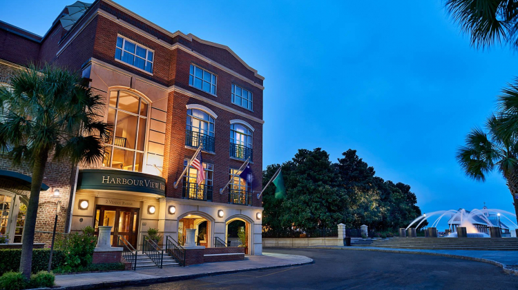 Hotel entrance lit up at night